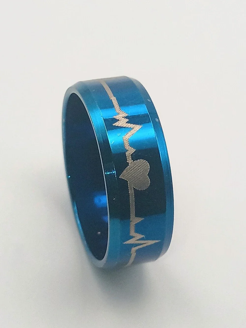 Blue Stainless Steel Heartbeat Ring Size 11